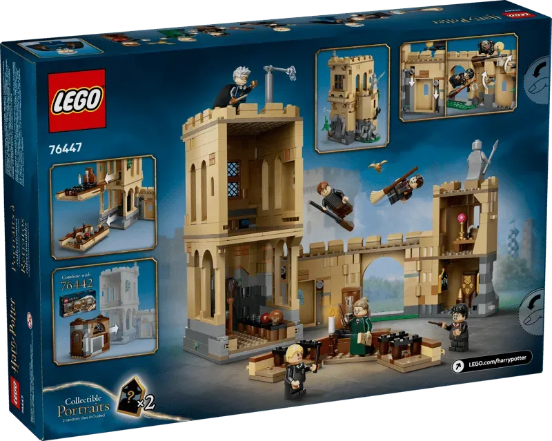 Back of the LEGO Harry Potter Hogwarts™ Castle: Flying Lessons 76447 box, showing play features, minifigures, and an option to combine with another set.