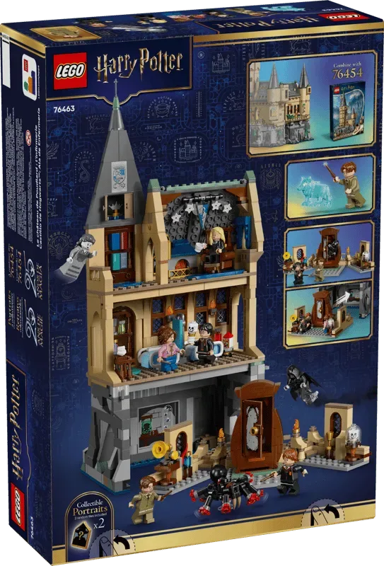 Back of the Lego Hogwarts™ Castle: Hospital Wing 76463 box, showing the open set and various play features, including combining with set 76454.