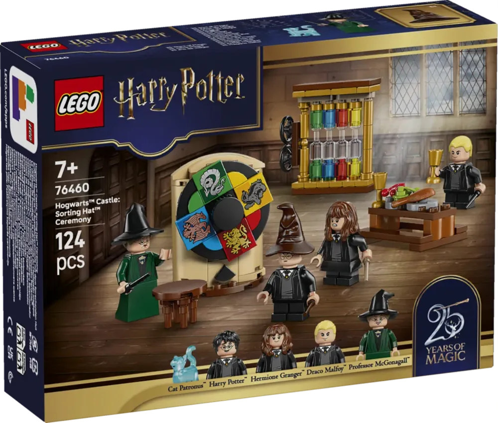 LEGO Harry Potter Hogwarts Castle Sorting Hat Ceremony set 76460 box art, showing minifigures of Professor McGonagall, Harry Potter, Hermione Granger, and Draco Malfoy around a spinning Sorting Hat and dining table.