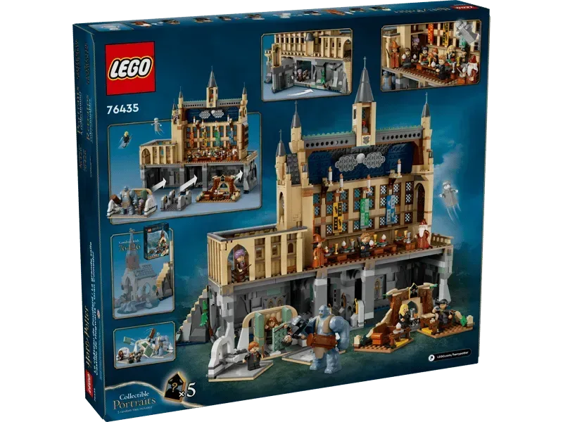 Back of the Lego Hogwarts™ Castle: The Great Hall 76435 box showing multiple views and play features.