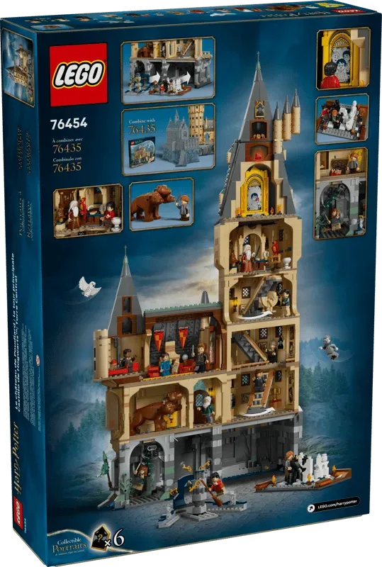 Back of the Lego Hogwarts™ Castle: The Main Tower 76454 box, showcasing the detailed interior and various rooms, minifigures, and play features.