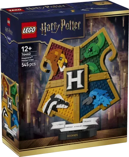 LEGO Harry Potter Hogwarts House Crest set box showing the finished model with 545 pieces, recommended for ages 12+