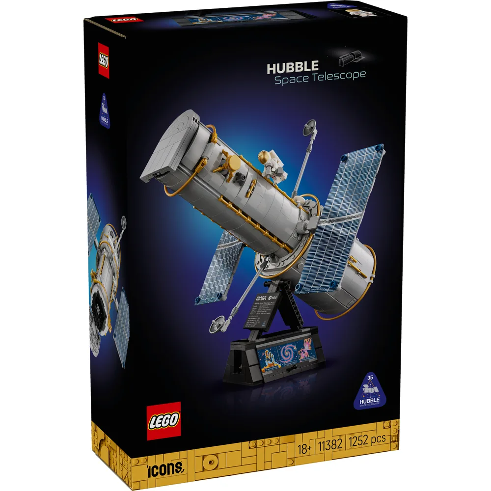 Front view of the LEGO Icons Hubble Space Telescope (11382) box, showcasing the detailed model against a cosmic background with 1252 pieces.