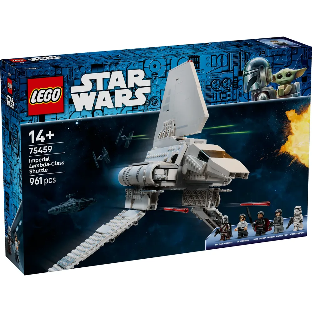 LEGO Star Wars Imperial Lambda-Class Shuttle 75459 set box front view with Mandalorian, Grogu, and Stormtrooper.