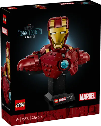 The front of the LEGO Marvel Iron Man MK4 Bust 76327 box, featuring the red and gold bust on a black display stand against a dark background.