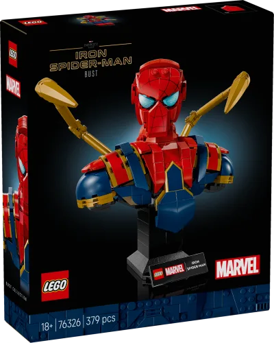 Front of the LEGO Iron Spider-Man Bust 76326 box, showing the red and blue bust with gold spider-arms on a dark background.