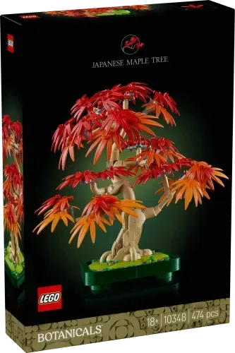 Front of the LEGO Japanese Red Maple Tree 10348 box, featuring the assembled model with vibrant red and orange leaves against a dark background, showing set number, piece count, and 'Botanicals' theme.