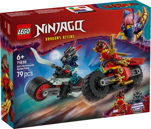 Front view of the LEGO Ninjago 71838 Kai's Motorcycle Speed Race set box, showing Kai on a red motorcycle and a Spectral Dragon Hunter on a black and white motorcycle, with 'Dragons Rising' branding.