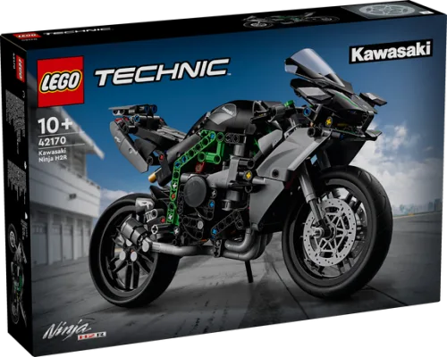 The front of the LEGO Technic 42170 Kawasaki Ninja H2R box, showcasing the completed model against a racetrack background.