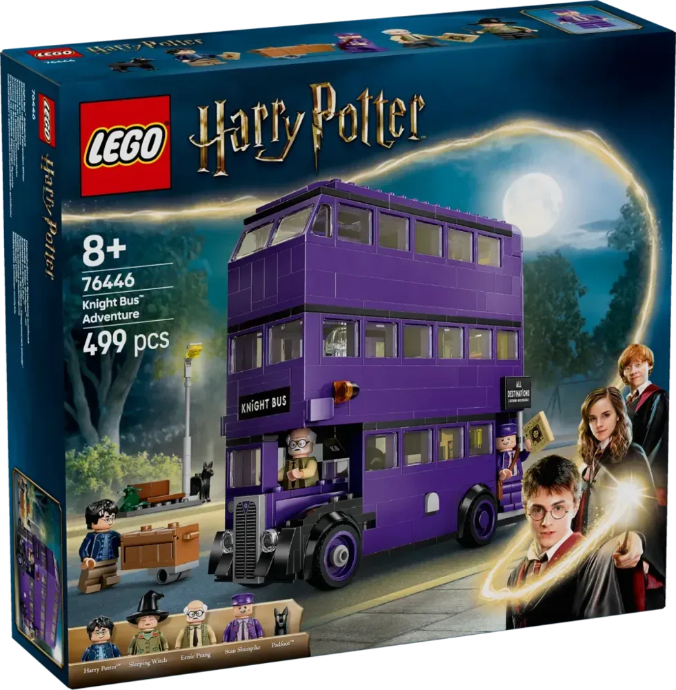 LEGO Harry Potter Knight Bus Adventure 76446 box art with Harry, Ron, and Hermione looking at the purple three-story bus.
