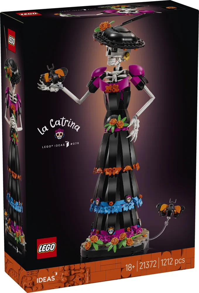 Front of the LEGO Ideas La Catrina set box, featuring the fully built, vibrant skeleton figure against a dark background, with set details like piece count and age rating visible at the bottom.