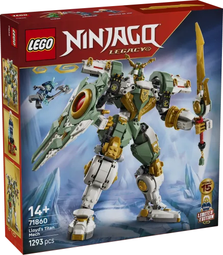 LEGO Ninjago Legacy Lloyd's Titan Mech 71860 box art, showing the green, gold, and white mech with a large shield, holding a gold sword. An Ice Emperor minifigure is visible on the left, and age/piece count on the bottom left.