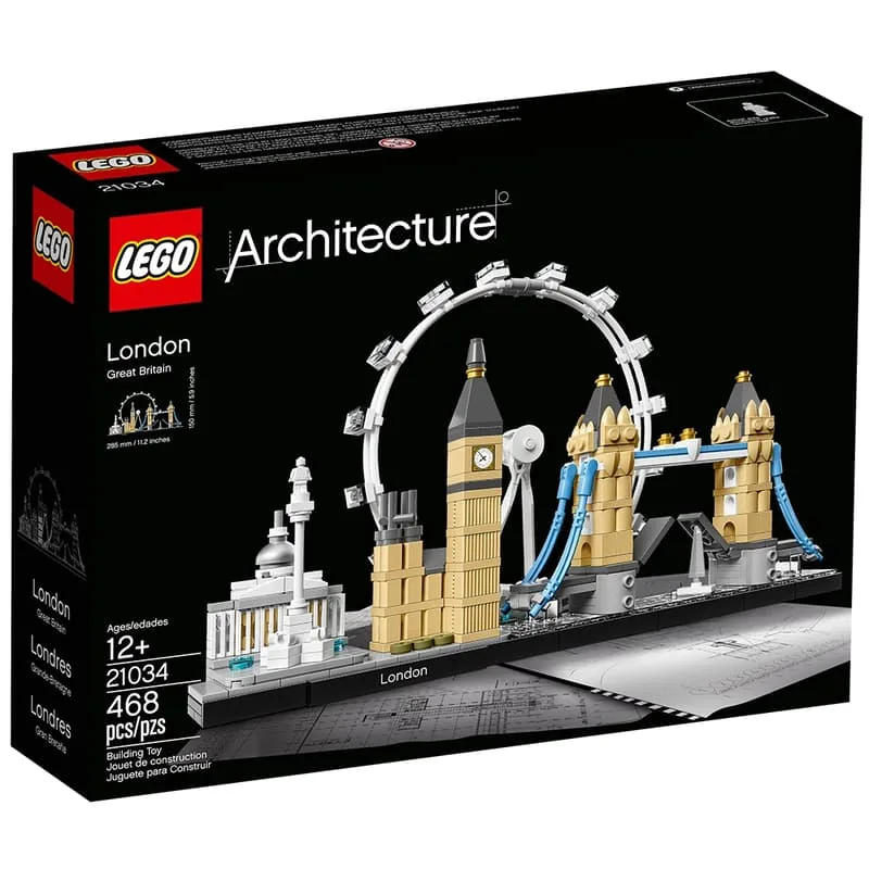 Full box shot of the LEGO Architecture London skyline set 21034 with 468 pieces.