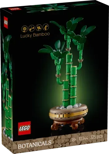 Front view of the LEGO Lucky Bamboo 10344 set box, featuring the assembled model with green bamboo stalks and leaves in a golden-rimmed pot, against a dark background, with LEGO and Botanicals branding.