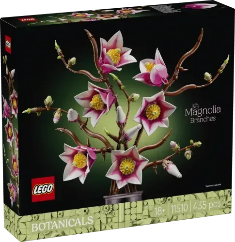 LEGO Magnolia Branches 11510 box front showing assembled model on dark background.