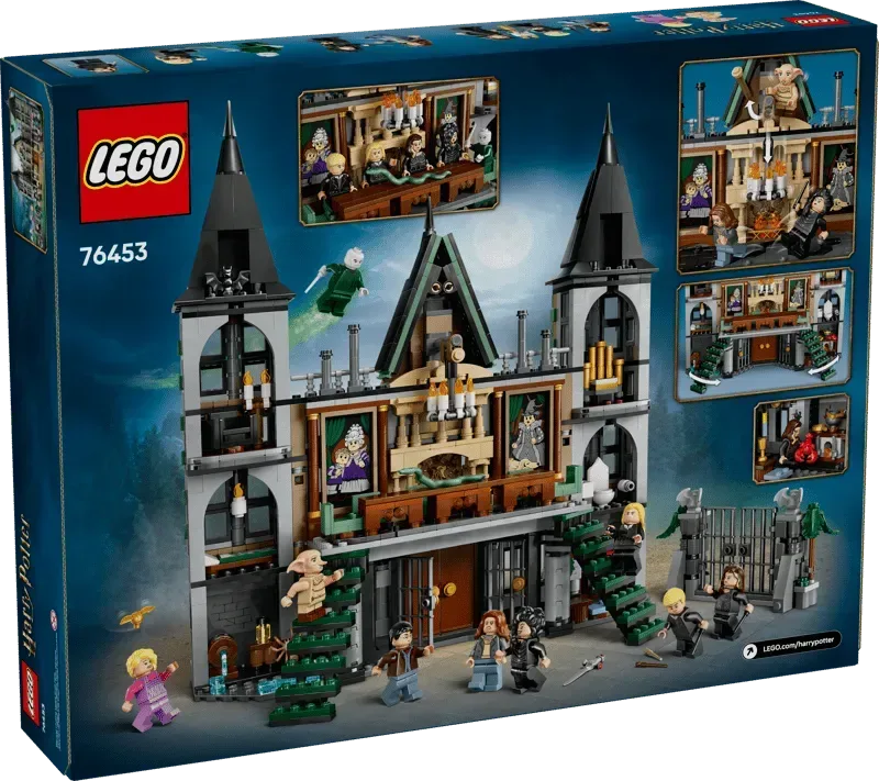 Back of the Lego Malfoy Manor 76453 box, showing the assembled manor with interior details and minifigures, highlighting various play scenes.