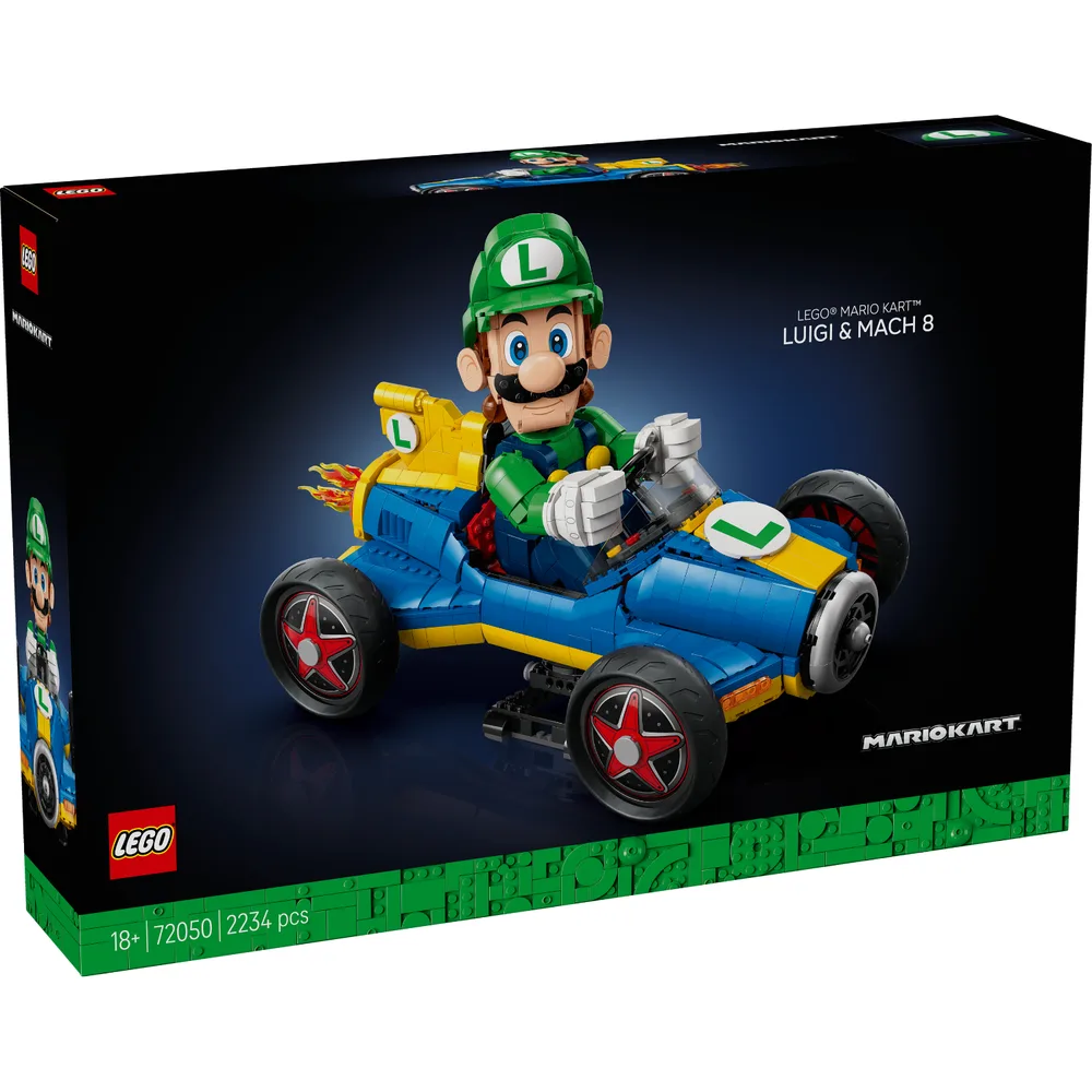 The LEGO Mario Kart Luigi & Mach 8 (72050) set box features Luigi in his blue and yellow kart against a dark background, showing the 18+ age rating and 2234 pieces.