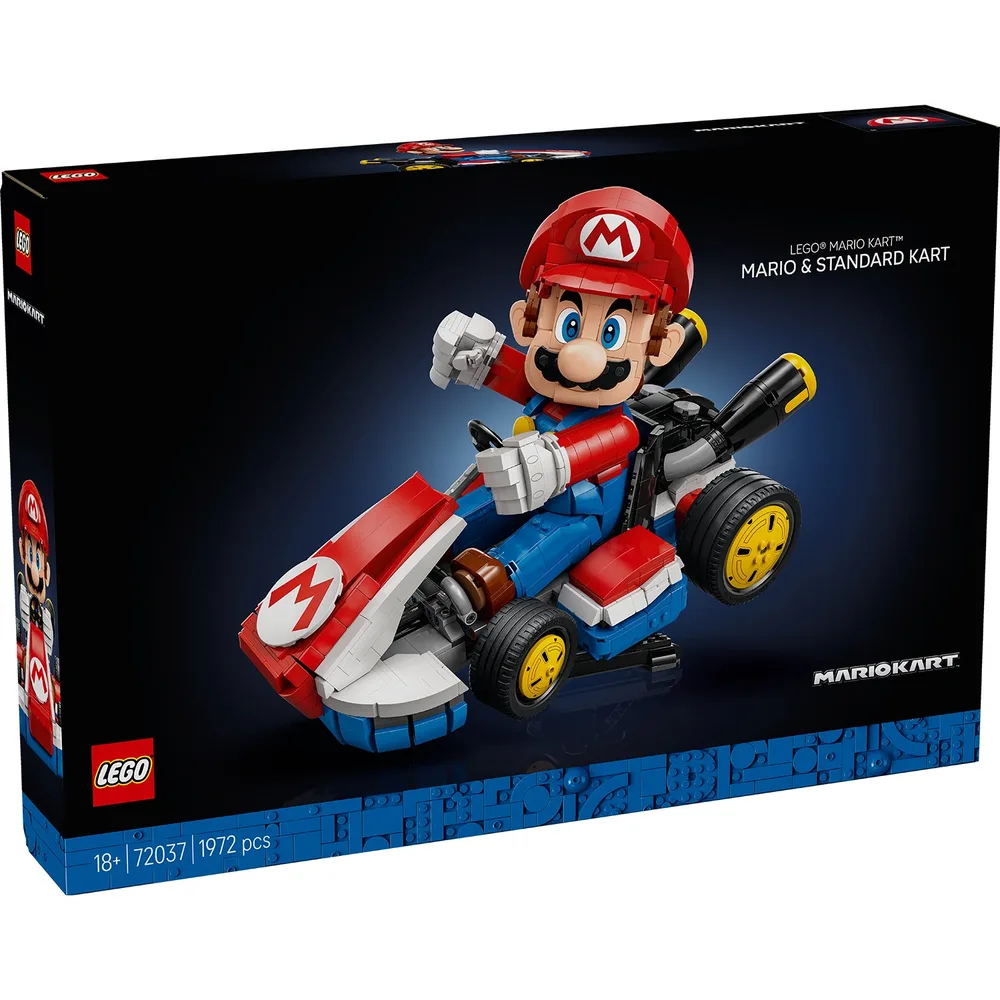 Front view of the LEGO Mario Kart – Mario & Standard Kart (72037) box, showing the assembled model on a dark background.