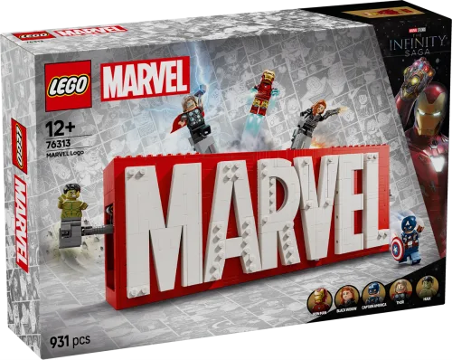 Front of the LEGO MARVEL Logo & Minifigures 76313 box, showing the red MARVEL logo build with several minifigures: Hulk, Thor, Iron Man, Black Widow, and Captain America.