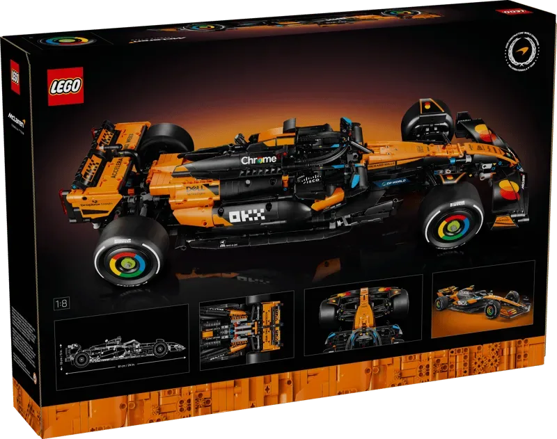 Rear overhead view of the Lego McLaren MCL39 F1 Car 42228-1 in its box, showcasing engineering details and smaller inset images of the build.