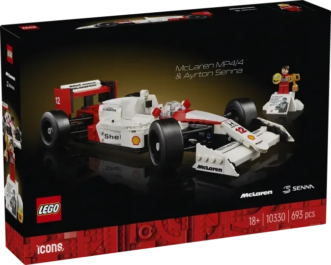Front view of the Lego McLaren MP4/4 & Ayrton Senna 10330 box, showcasing the built car, minifigure, and set details.