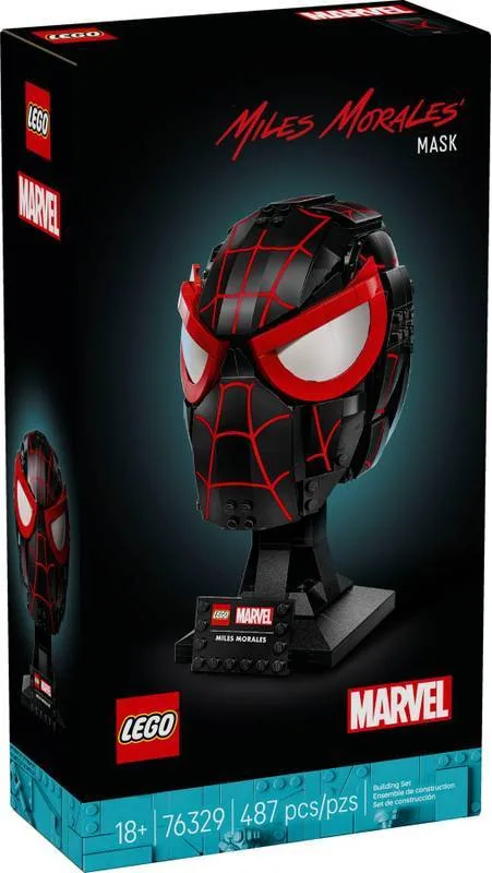 Front view of the LEGO Miles Morales' Mask 76329 box, featuring the built mask on a dark background.
