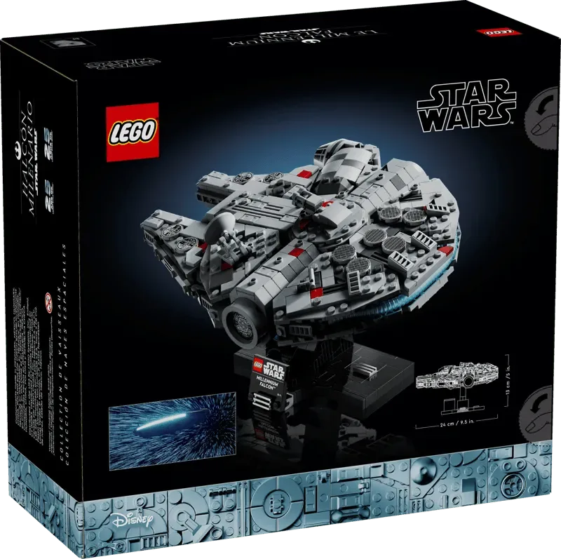 A back view of the Lego Millennium Falcon™ Mid Scale 75375 box, featuring the assembled model on a display stand against a dark background, highlighting its dimensions and special 25th anniversary details.