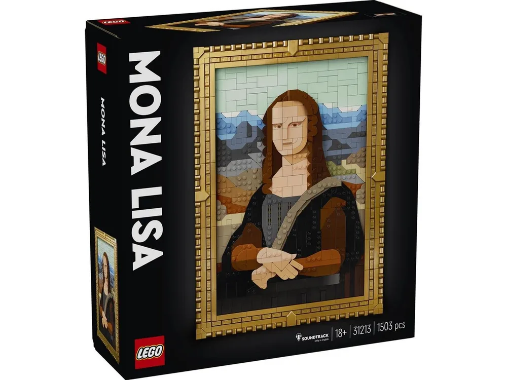 The front of the LEGO Art Mona Lisa box, showcasing the built model within an ornate gold frame.