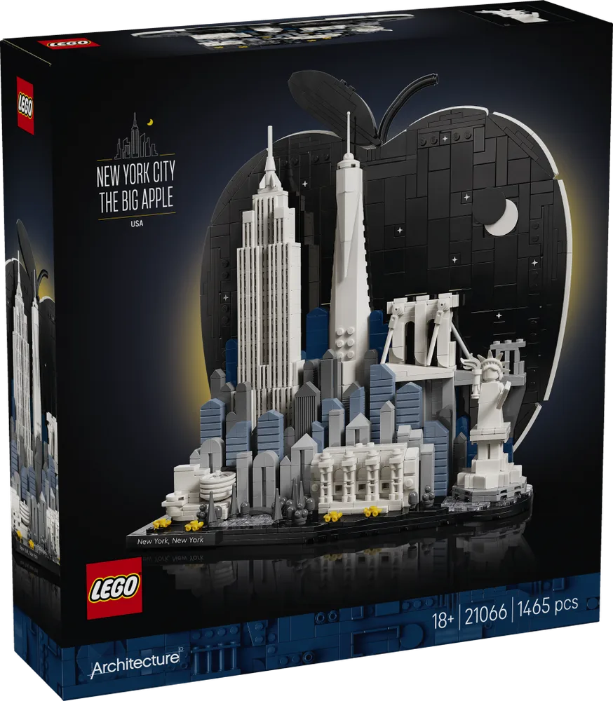 Lego New York City The Big Apple 21066 set box, displaying the detailed skyline model against a black apple silhouette with white stars and moon.