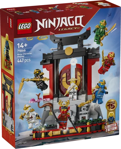 Front of the LEGO Ninjago Legacy 15th Anniversary Ninja Character Display 71866 box, showing the build with 6 ninjas in action poses. The box also displays the 14+ age rating, 447 pieces, and Limited Edition 15th Anniversary branding.