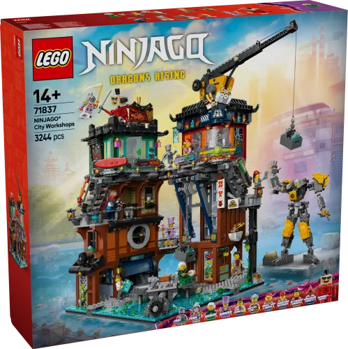 A detailed shot of the LEGO Ninjago City Workshops 71837 box, showcasing the multi-story modular building with a crane and a yellow mech, featuring the Ninjago Dragons Rising logo and set details like 14+, 71837, NINJAGO® City Workshops, and 3244 pcs.