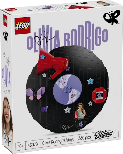 The front of the LEGO Editions Olivia Rodrigo's Vinyl (43028) box, featuring the built vinyl record with a megaphone, butterfly, and minifigure, alongside set details.