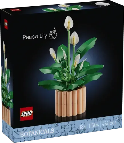 LEGO Peace Lily 11504 front box art, showing the assembled green plant with white flowers in a tan pot against a dark background.