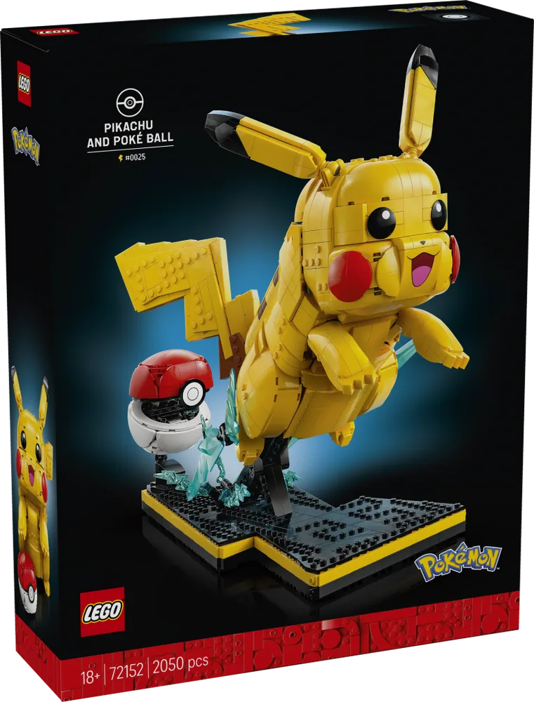 Lego Pikachu and Poké Ball set box, showing Pikachu leaping over a Poké Ball on a black base with electric elements, with set number 72152, 2050 pieces, and age rating 18+.
