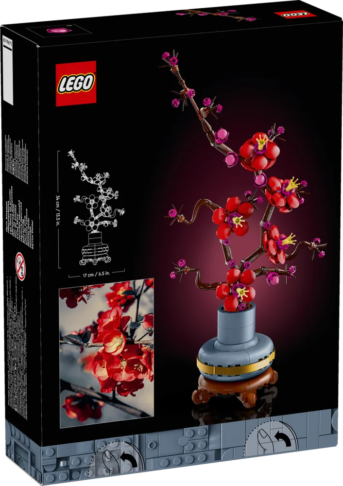 Back of the LEGO Plum Blossom 10369 box showing the built model, dimensions, and close-up detail.
