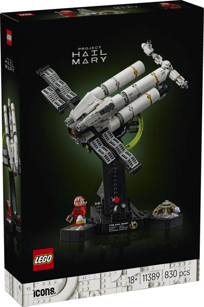 Front view of the LEGO Icons Project Hail Mary box, featuring the detailed spaceship model on its display stand with Ryland Grace and Rocky figures.