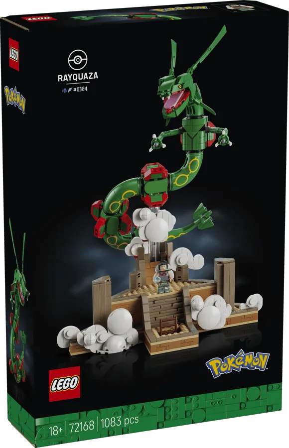 Front of the LEGO Pokémon Rayquaza box, displaying the legendary green Pokémon coiling above a tan temple base, with set details.