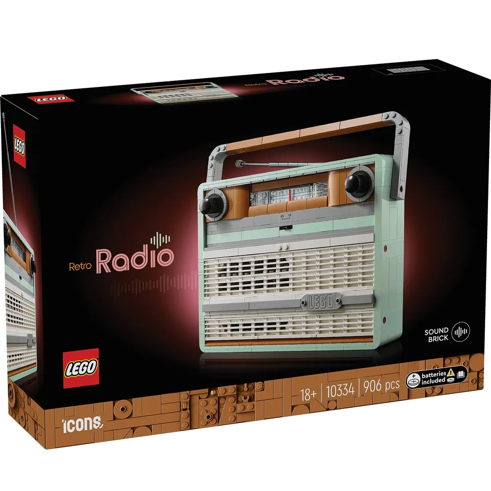 LEGO Icons Retro Radio (10334) box art showing the assembled radio against a dark background, highlighting the set number, piece count, and sound brick feature.