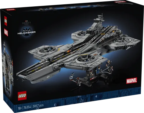 Front of the LEGO S.H.I.E.L.D. Helicarrier 76354 box, showing the assembled model hovering against a dark blue background with the LEGO and Marvel logos.