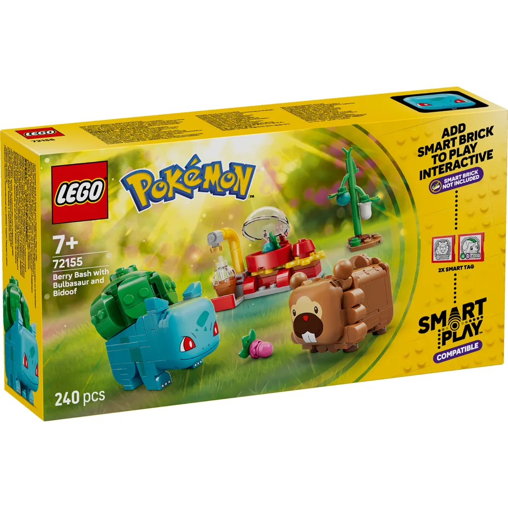 The front of the LEGO Pokémon Berry Bash with Bulbasaur and Bidoof 72155 set box, showing the characters and an interactive play feature.