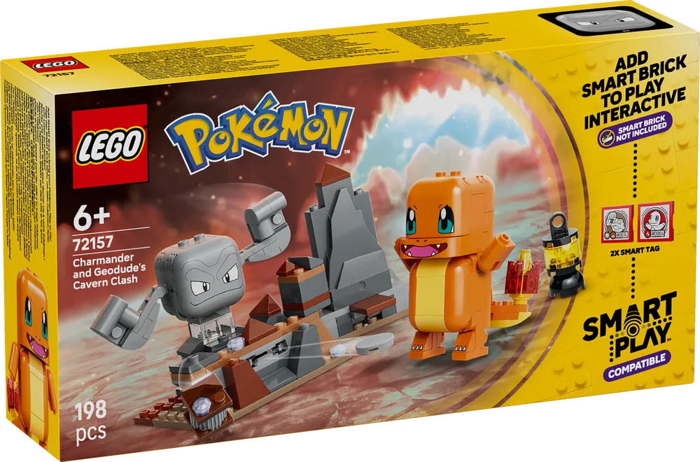 The front of the LEGO Pokémon Charmander and Geodude's Cavern Clash set box, featuring Charmander and Geodude figures in a rocky setting. The box highlights "SMART PLAY COMPATIBLE".