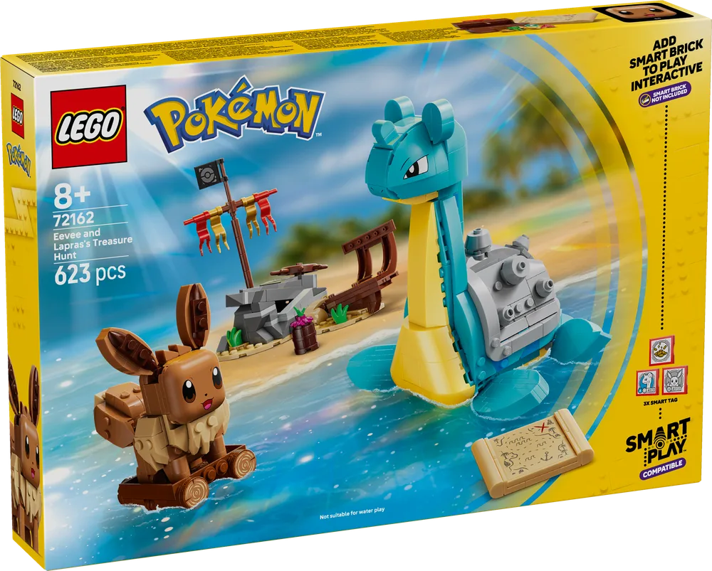 Front view of the LEGO Smart Play Pokémon set 72162, Eevee and Lapras's Treasure Hunt, showing both characters and a small island with a treasure map.