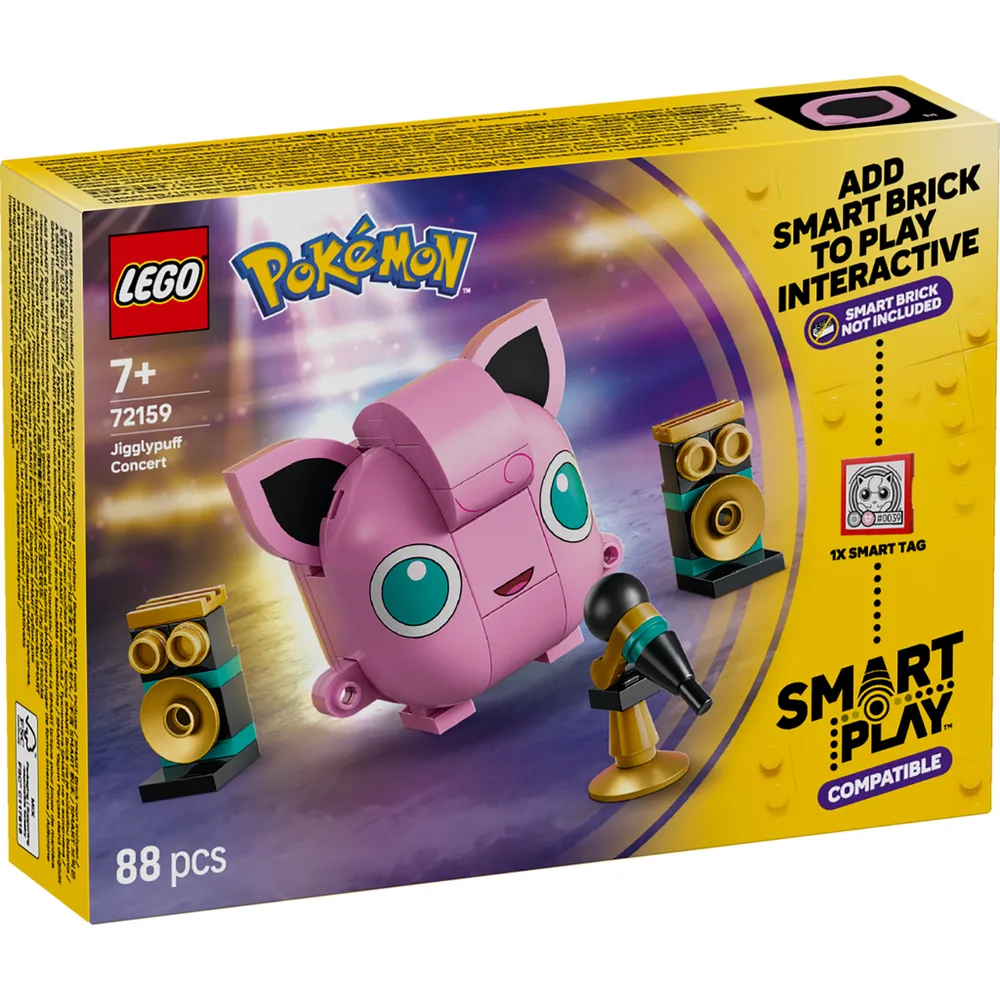 The front of the LEGO Pokémon Jigglypuff Concert set box. It features a pink Jigglypuff figure, two speakers, and a microphone. The box has a yellow top and "LEGO Pokémon" branding. It also indicates "7+" age, set number 72159, "88 pcs," and "SMART PLAY COMPATIBLE."