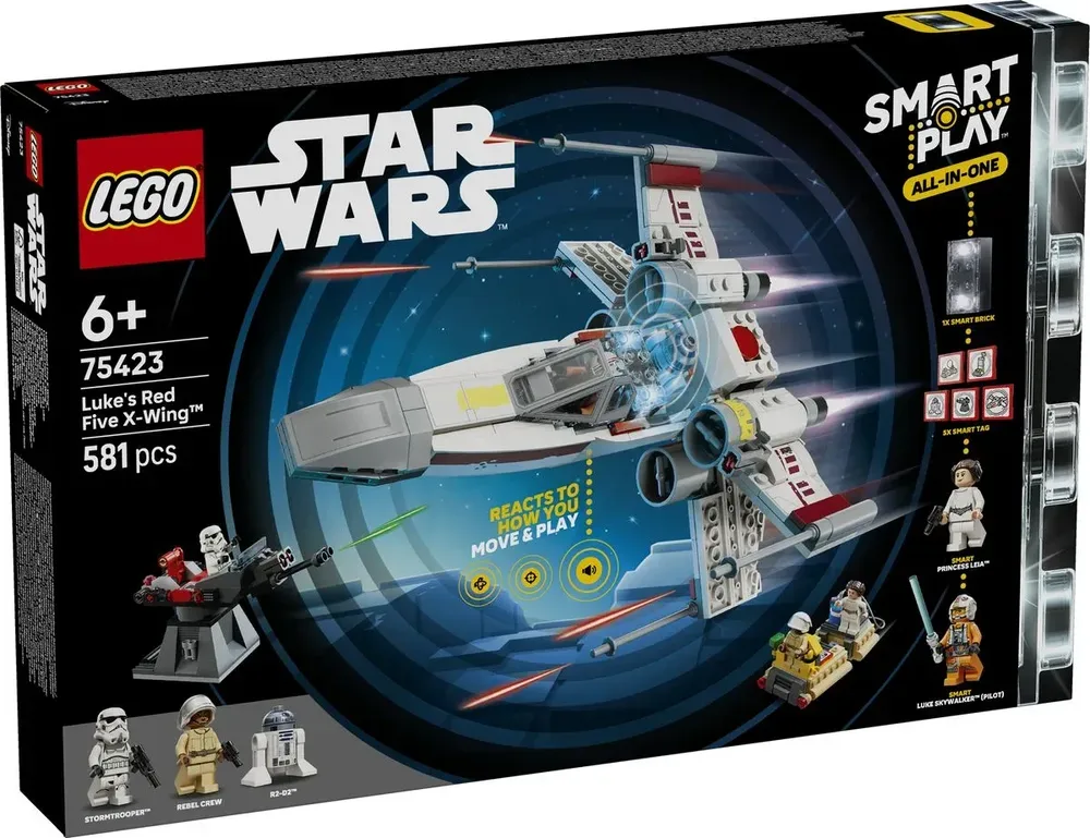 Front view of the Lego Star Wars Luke's Red Five X-Wing 75423 box, displaying the X-Wing, minifigures like Luke Skywalker, Princess Leia, a Stormtrooper, and R2-D2, along with the 'SMART PLAY ALL-IN-ONE' branding, piece count (581 pcs), and age recommendation (6+). The box art features dynamic space battle scenes and highlights interactive elements.