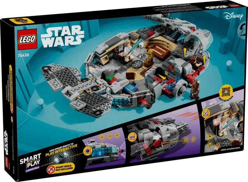Back of the Lego Star Wars Millennium Falcon 75426 box, showcasing interior play features and Smart Play compatibility.