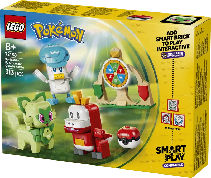 The retail box for the LEGO Pokémon Sprigatito, Fuecoco and Quaxly Battle (72158) set, showcasing the three starter Pokémon, a spinning battle wheel, a Poké Ball, and the 'Smart Play Compatible' branding with details on adding a Smart Brick and Smart Tags. The box is predominantly yellow.