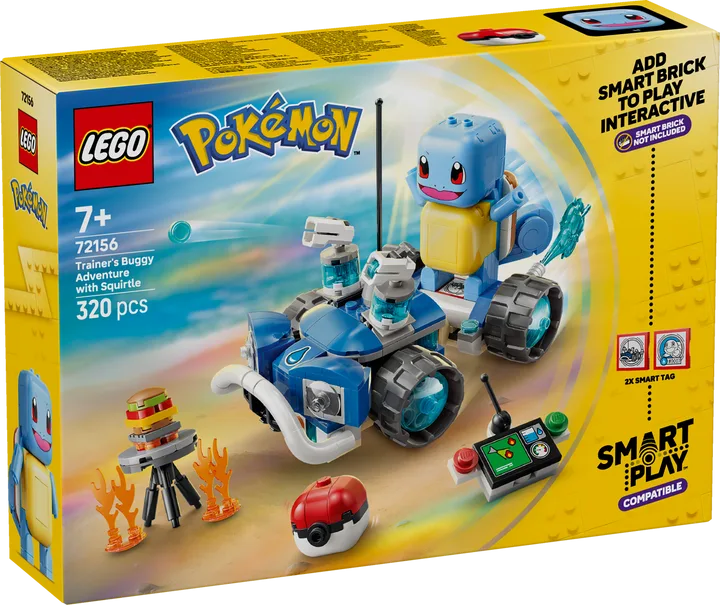 The LEGO Pokémon Trainer's Buggy Adventure with Squirtle (72156) box art, showing Squirtle driving a blue and white buggy, with a Poké Ball and a burger stand accessory.
