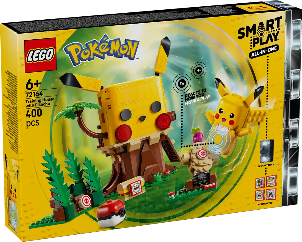 Front of the LEGO Pokémon Training House with Pikachu 72164 box, showing a large Pikachu-themed treehouse and a smaller interactive Pikachu figure with Smart Play features.