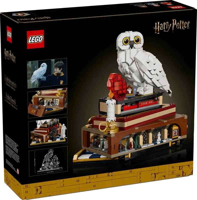 LEGO Harry Potter Sorcerer's Stone Collectors' Edition 76466 back of box showcasing Hedwig atop the build and detailed interior scenes.