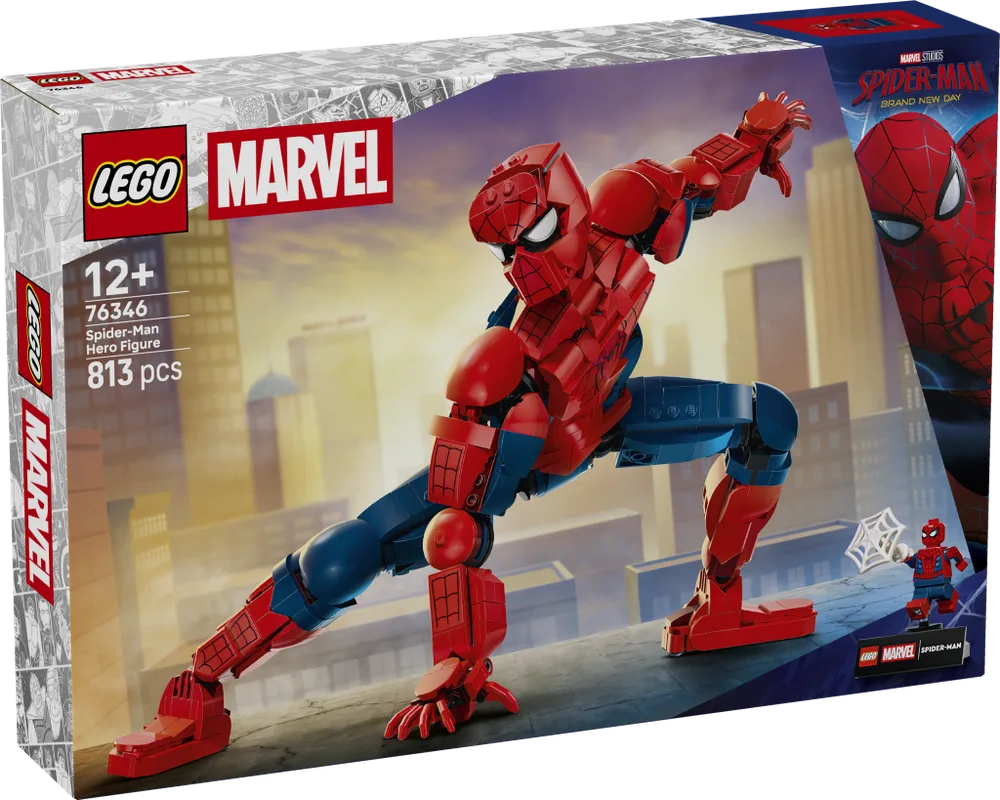 Front of the LEGO Marvel Spider-Man Hero Figure 76346 box, showing a large, poseable Spider-Man figure crouching on a rooftop with a city background.